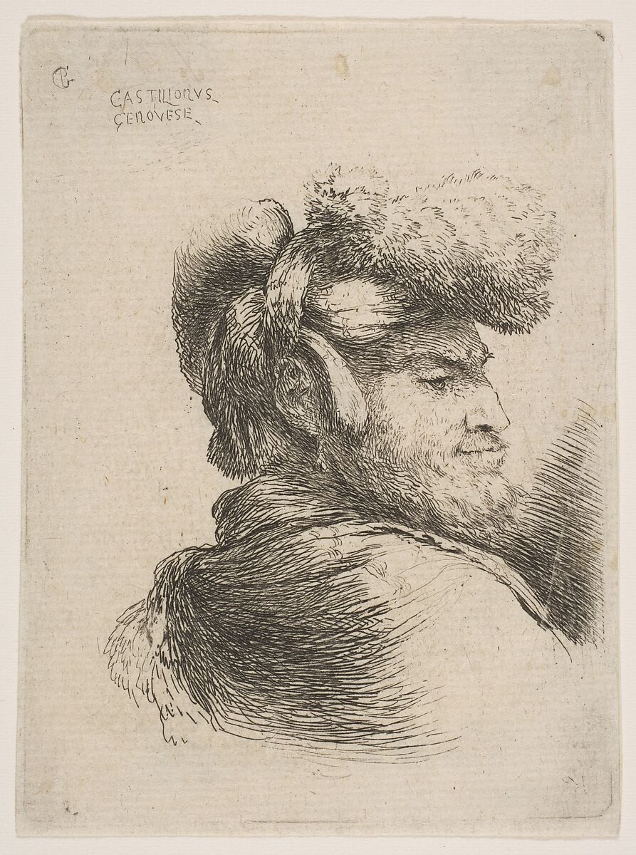 Man in profile facing right, wearing a fur hat, from "Small Heads in Oriental Headdress", Giovanni Benedetto Castiglione (Il Grechetto) (Italian, Genoa 1609–1664 Mantua), Etching 