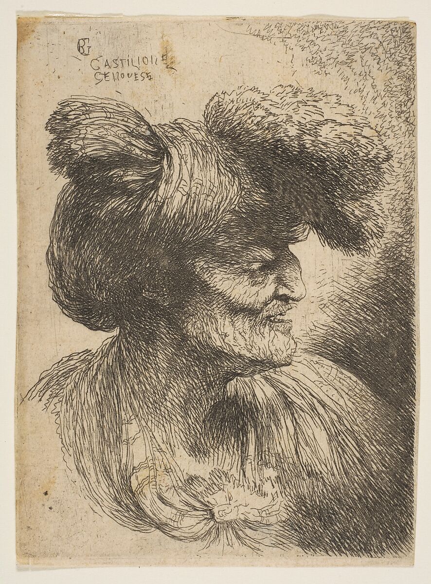 Bust of beardless old man in profile facing right, from "Small Heads in Oriental Headdress", Giovanni Benedetto Castiglione (Il Grechetto) (Italian, Genoa 1609–1664 Mantua), Etching 