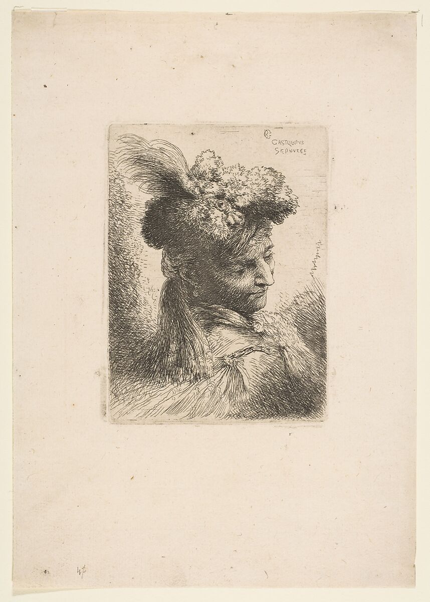 Young man facing three quarters right wearing a fur headdress with a plume, jewel and a headband, from "Small Heads in Oriental Headdress", Giovanni Benedetto Castiglione (Il Grechetto) (Italian, Genoa 1609–1664 Mantua), Etching