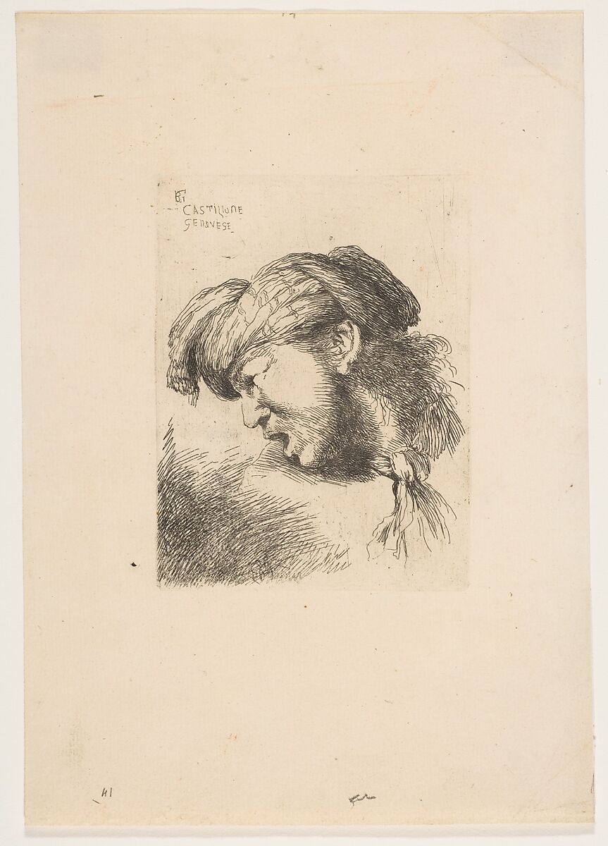 Man wearing a turban, a tie fastened around his neck, facing left, from "Small Heads in Oriental Headdress", Giovanni Benedetto Castiglione (Il Grechetto) (Italian, Genoa 1609–1664 Mantua), Etching