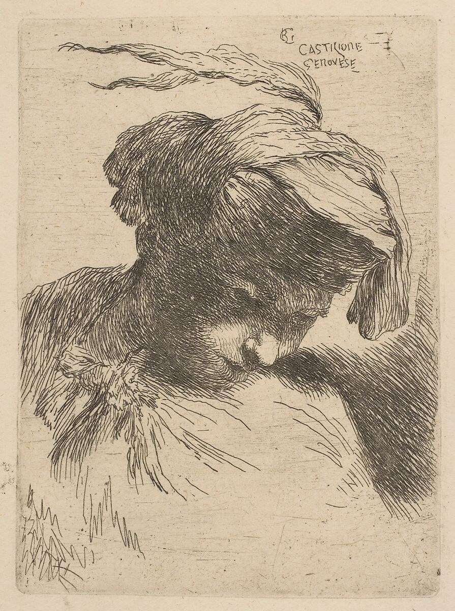 Young man looking down to right, from "Small Heads in Oriental Headdress", Giovanni Benedetto Castiglione (Il Grechetto) (Italian, Genoa 1609–1664 Mantua), Etching 