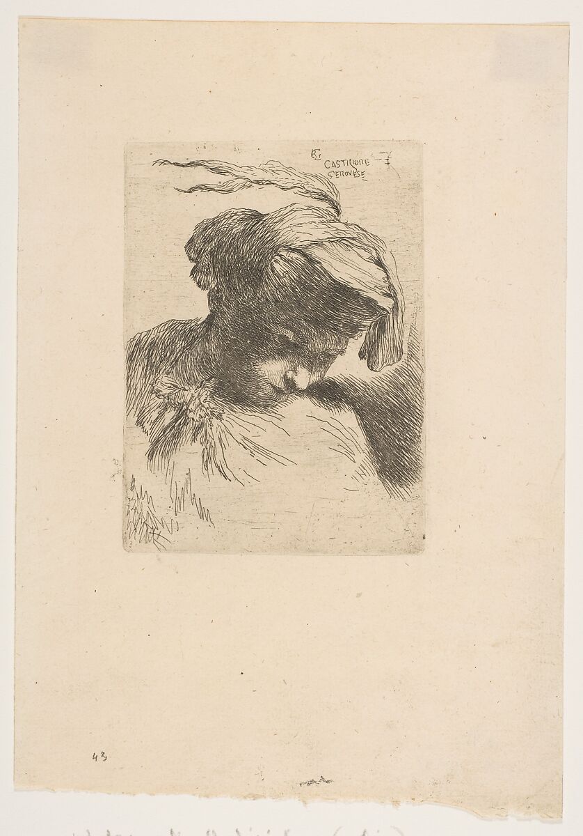 Young man looking down to right, from "Small Heads in Oriental Headdress", Giovanni Benedetto Castiglione (Il Grechetto) (Italian, Genoa 1609–1664 Mantua), Etching
