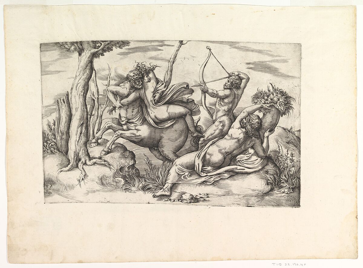 The Abduction of Dejanira, at center in the arms of the centaur Nessus, Hercules at right shooting the centaur with an arrow, Achelous reclining with his cornucopia at lower right, Battista Franco (Italian, Venice ca. 1510–1561 Venice), Etching; first state of three 