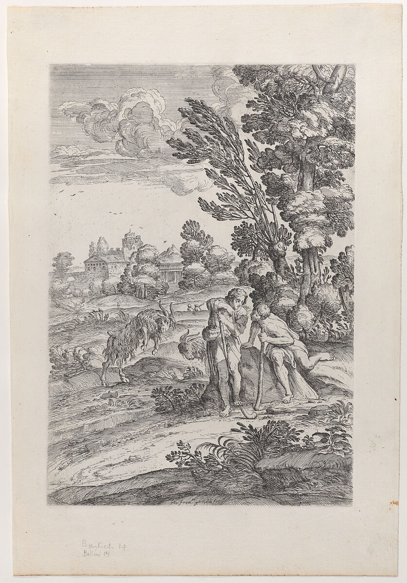 Landscape With Two Goatherds, Giovanni Francesco Grimaldi (Italian, Bologna 1606–1680 Rome), Etching 