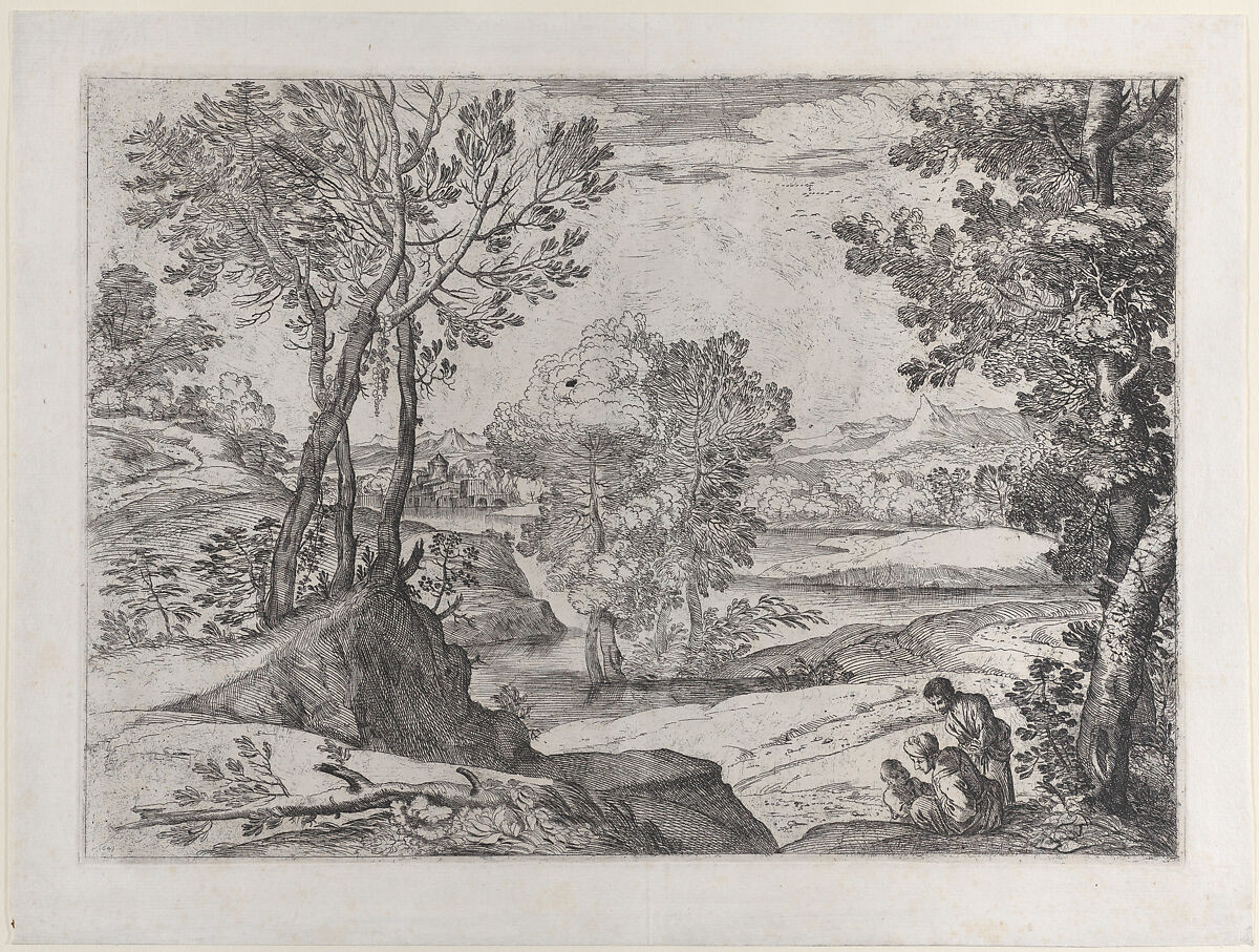 The Landscape With the Family, Giovanni Francesco Grimaldi (Italian, Bologna 1606–1680 Rome), Etching; first state of two 