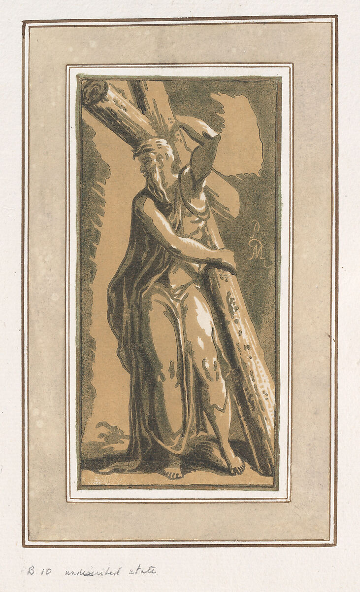 St. Andrew, Facing Forward, Head Turned to Left, Anton Maria Zanetti the Elder (Italian, Venice 1680–1767 Venice), Chiaroscuro woodcut from three blocks in black, green, ochre, with border in gold ink and watercolor frame 