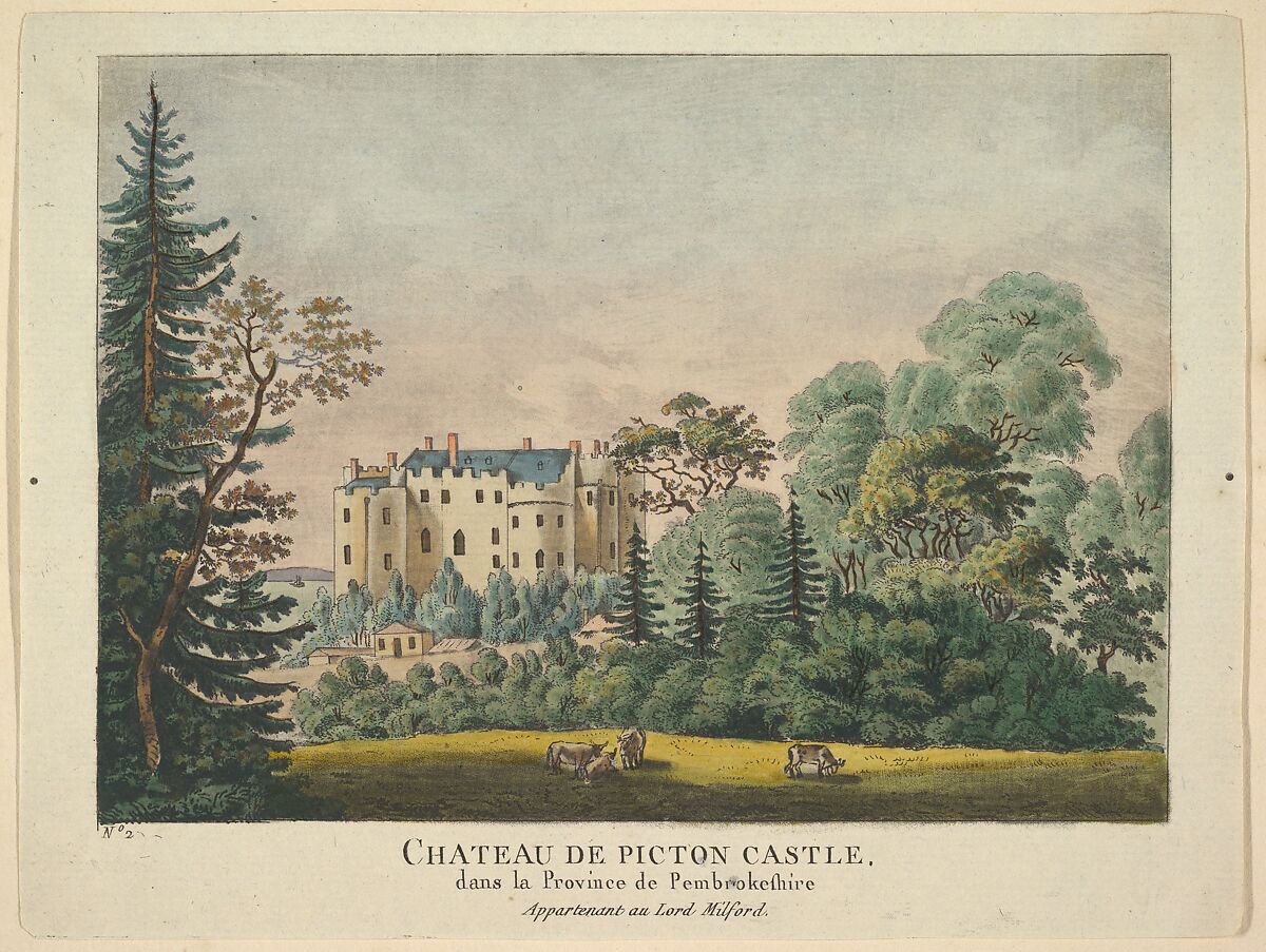 Chateau de Picton Castle, Anonymous, French, 18th century, Etching with watercolor 