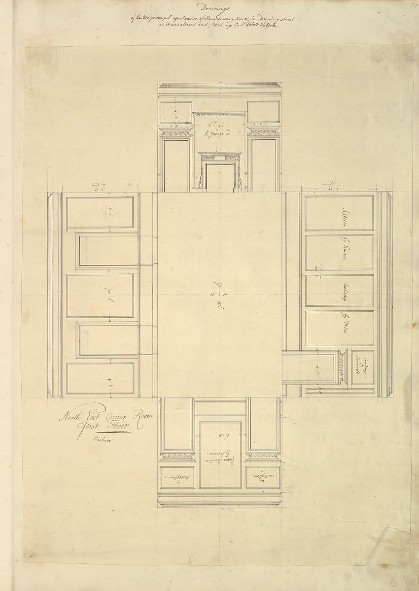 Treasury House, 10 Downing Street, London: Plan of the First-floor Parlor (Northeast Corner Room), Isaac Ware (British, before 1704–1766 Hampstead), Pen and black ink 