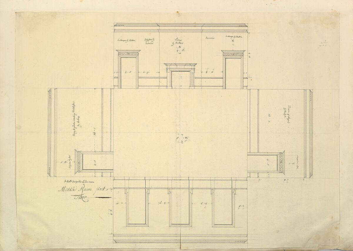 Treasury House, 10 Downing Street, London: Plan of the Great Middle Room (Sir Robert Walpole's Levee Room, Northwest Corner, First Floor), Isaac Ware (British, before 1704–1766 Hampstead), Pen and black ink 