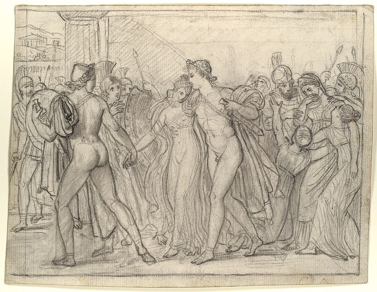 Composition Study for "Castor and Pollux Freeing Helen", Joseph-Ferdinand Lancrenon (French, Lods 1794–1874 Lods), Black crayon and stumping on off-white laid paper 