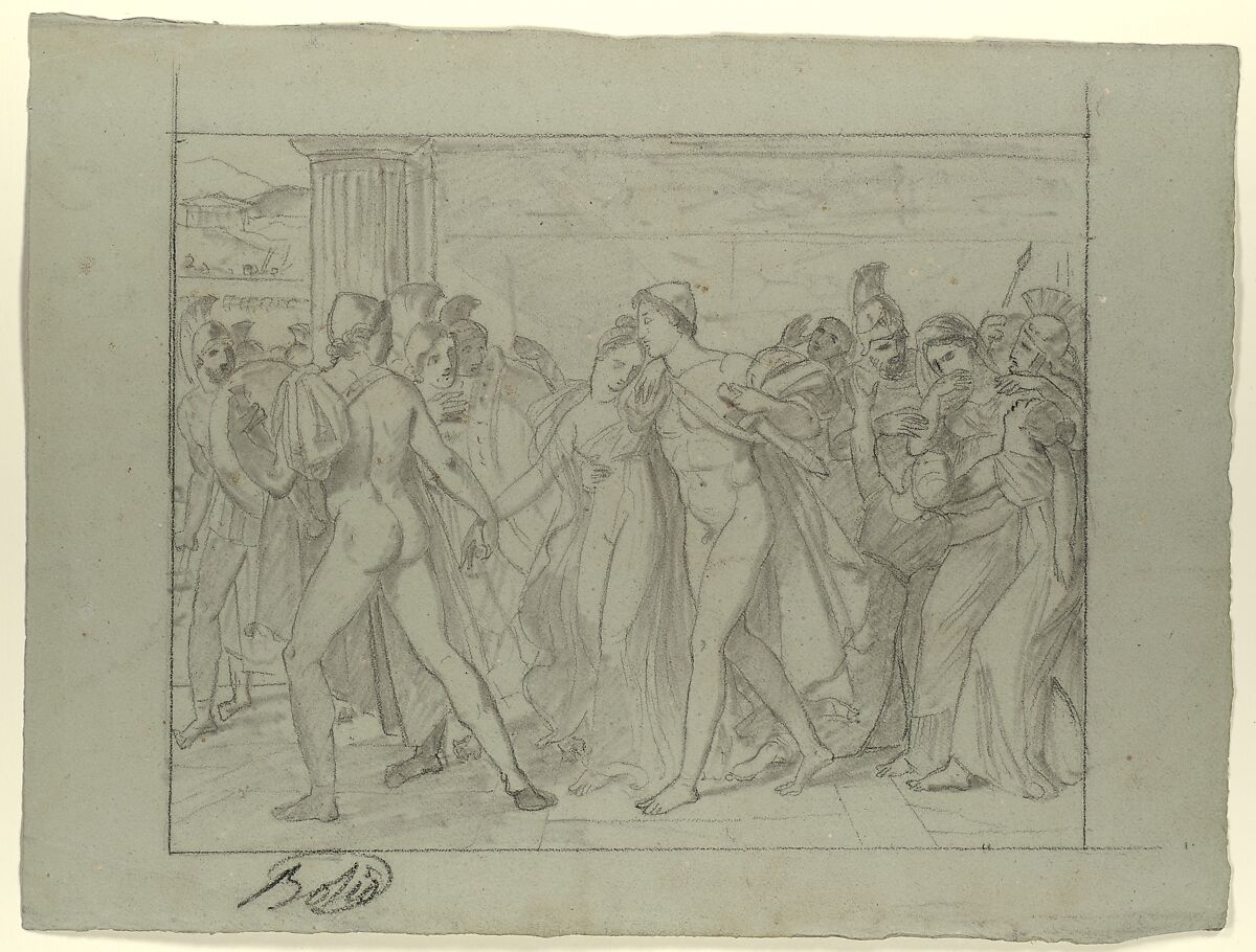 Composition Study for "Castor and Pollux Freeing Helen", Joseph-Ferdinand Lancrenon  French, Black crayon and stumping on blue laid paper