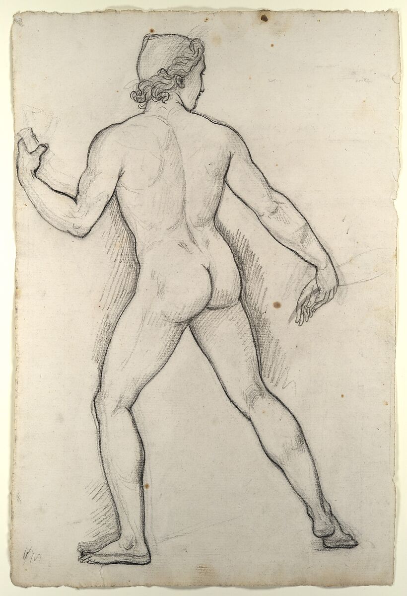 Male Nude, Study for "Castor and Pollux Freeing Helen", Joseph-Ferdinand Lancrenon (French, 1794–1874), Black crayon on off-white laid paper 