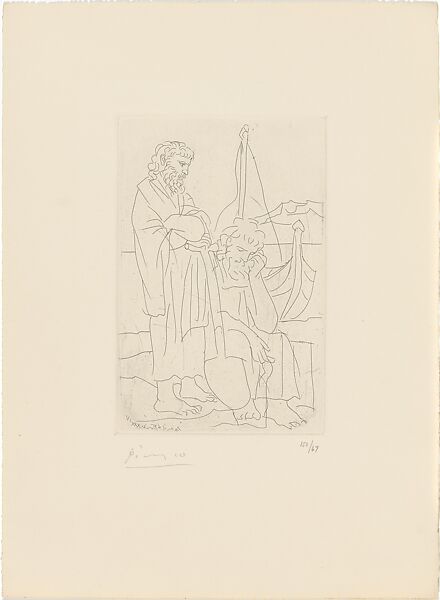 Two Old Men and a Sailboat , from Lysistrata by Aristophanes, Pablo Picasso (Spanish, Malaga 1881–1973 Mougins, France), Etching 