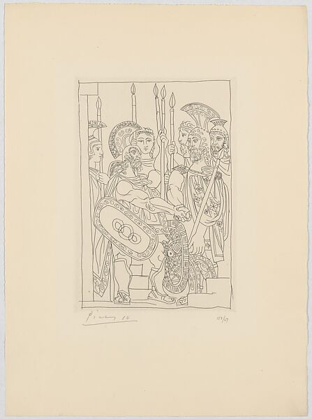 Accord between the Warriors of Sparta and Athens, from Lysistrata by Aristophanes, Pablo Picasso (Spanish, Malaga 1881–1973 Mougins, France), Etching 