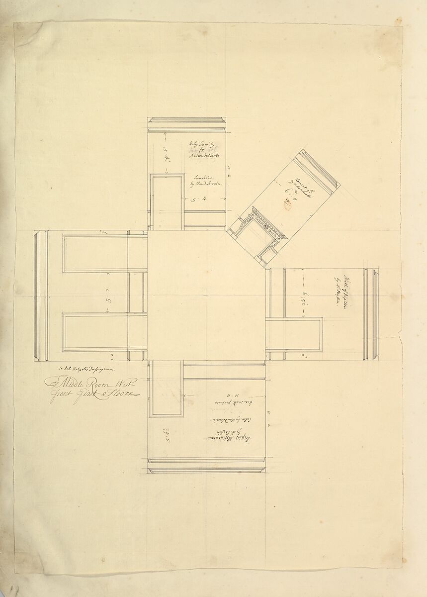 Treasury House, 10 Downing Street, London: Plan of Sir Robert Walpole's Dressing Room (Middle Room, West Front, First Floor), Isaac Ware (British, before 1704–1766 Hampstead), Pen and black ink 