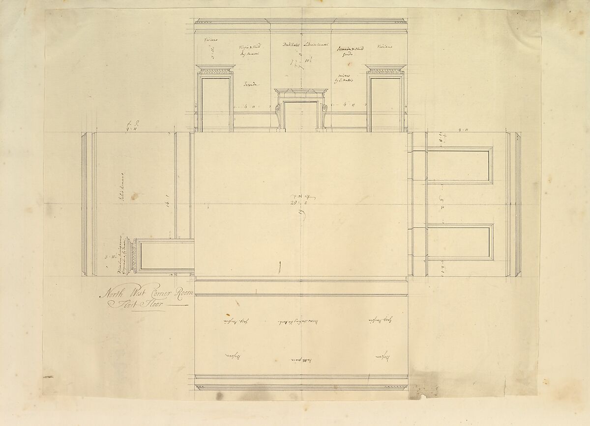 Treasury House, 10 Downing Street, London: Plan of the End Room Below (Northwest Corner Room, First Floor), Isaac Ware (British, before 1704–1766 Hampstead), Pen and black ink 