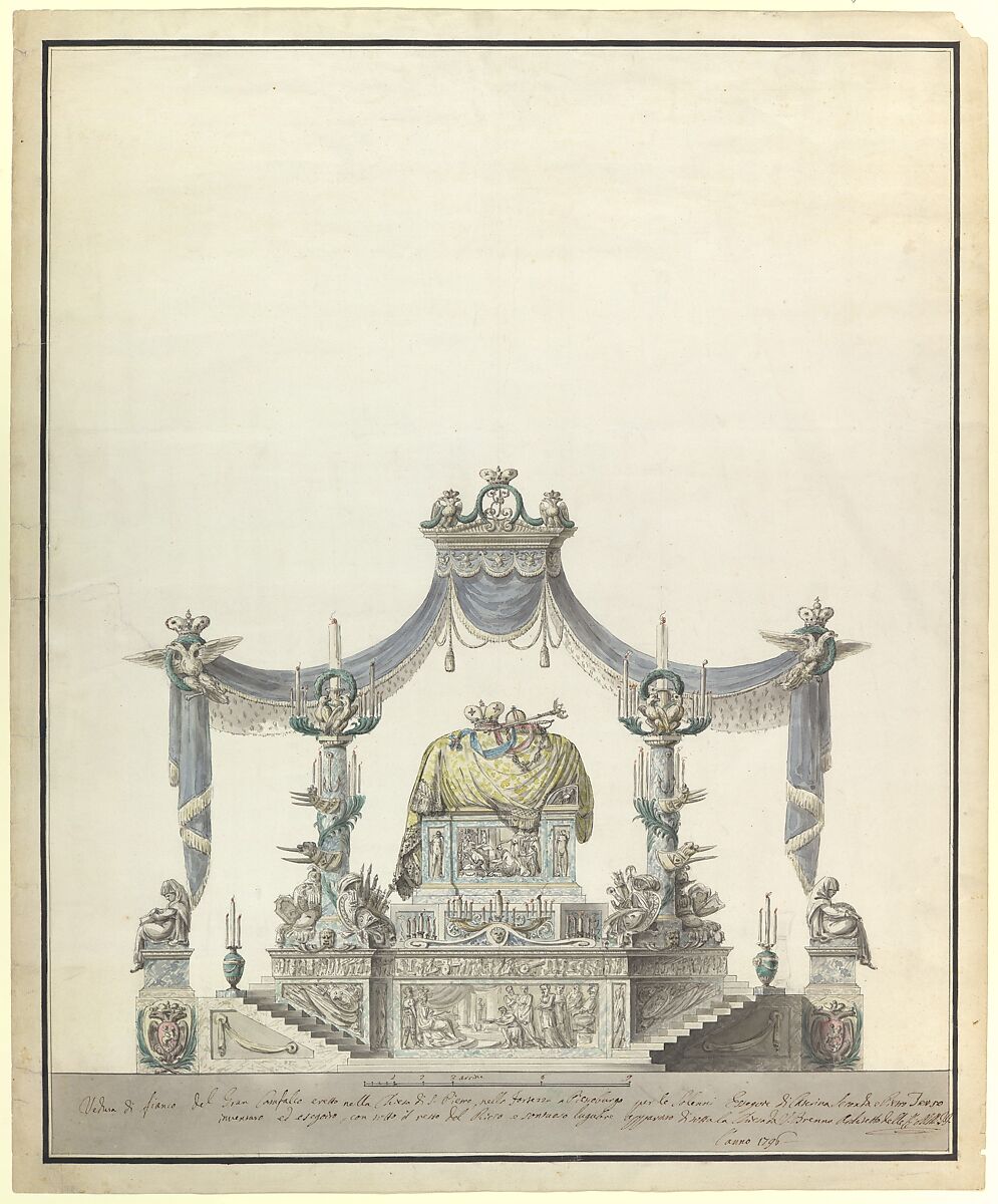 Catafalque of the Empress Catherine the Great of Russia (Side Elevation)., Vincenzo Brenna (Italian, Florence 1745–1820 St. Petersburg), Pen and gray-black ink, brush and watercolor, over traces of graphite or leadpoint 