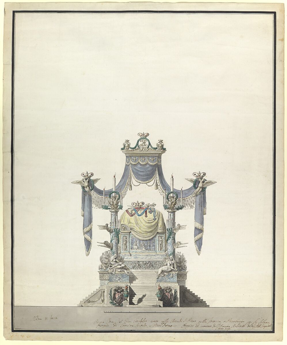 Catafalque for the Empress Catherine the Great of Russia (Front Elevation)., Vincenzo Brenna (Italian, Florence 1745–1820 St. Petersburg), Pen and gray-black ink, brush and watercolor, over traces of graphite of leadpoint 