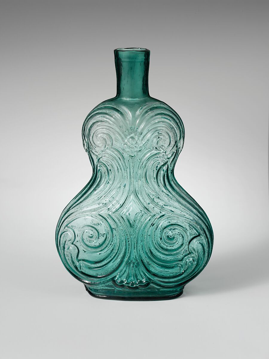 Scroll flask, Free-blown molded aquamarine glass, American 