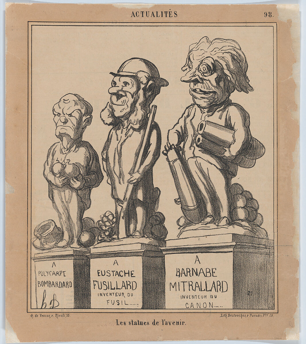 Statues of the Future, from 'News of the day,' published in Le Charivari, April 29, 1868, Honoré Daumier (French, Marseilles 1808–1879 Valmondois), Lithograph on newsprint, laid down on wove paper; second state of two (Delteil) 