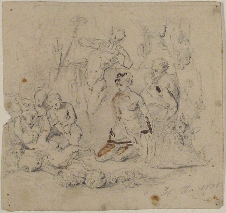 Bacchanal, Anonymous, French, 19th century, Graphite, heightened with white on wove paper