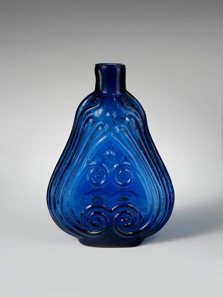 Scroll flask, Free-blown molded blue glass, American 
