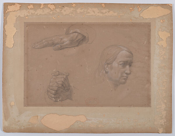 Sketch of Head and Two Sets of Hands, Anonymous, German, 19th century, Black chalk with white heightening 