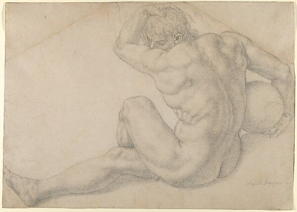 Seated Male Nude (Study for the Martyrdom of St. Lawrence), Bronzino (Agnolo di Cosimo di Mariano)  Italian, Black chalk, glued onto secondary support