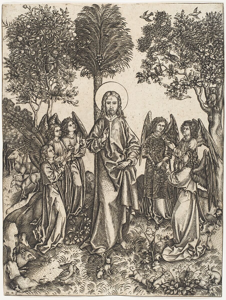 Christ in the Wilderness Served by Angels, Master i.e. (German, active 1480–1500), Engraving; second state of three 