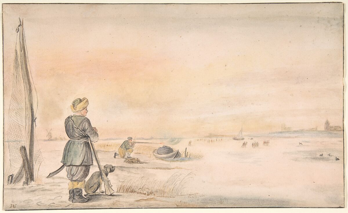 Winter Landscape with a Hunter and his Dog, Follower of Hendrick Avercamp (Dutch, Amsterdam 1585–1634 Kampen), Pen and brown ink, with brush and gray ink and watercolor, over black chalk; framing line in black ink 