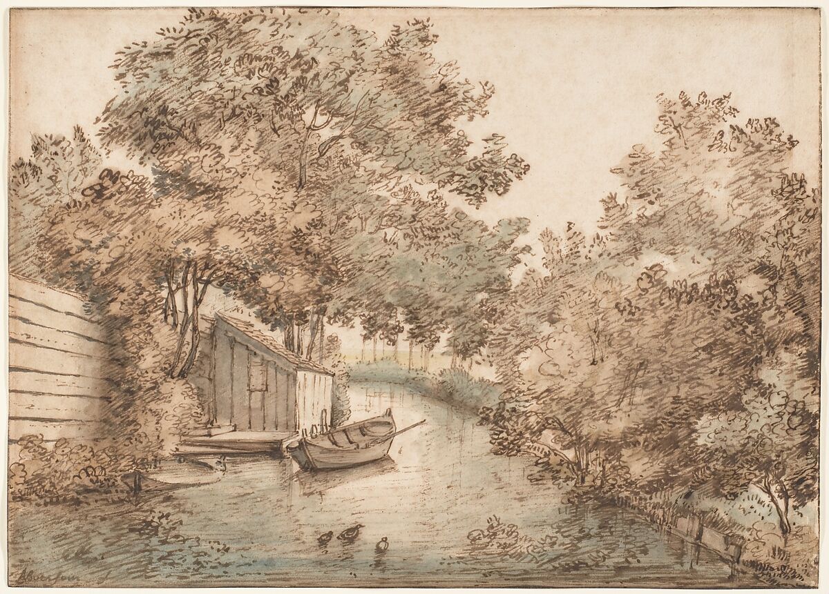 Canal with a Boat and Ducks, Anthonie van Borssom (Dutch, Amsterdam 1630/31–1677 Amsterdam), Pen and brown ink, brush and brown and blue washes