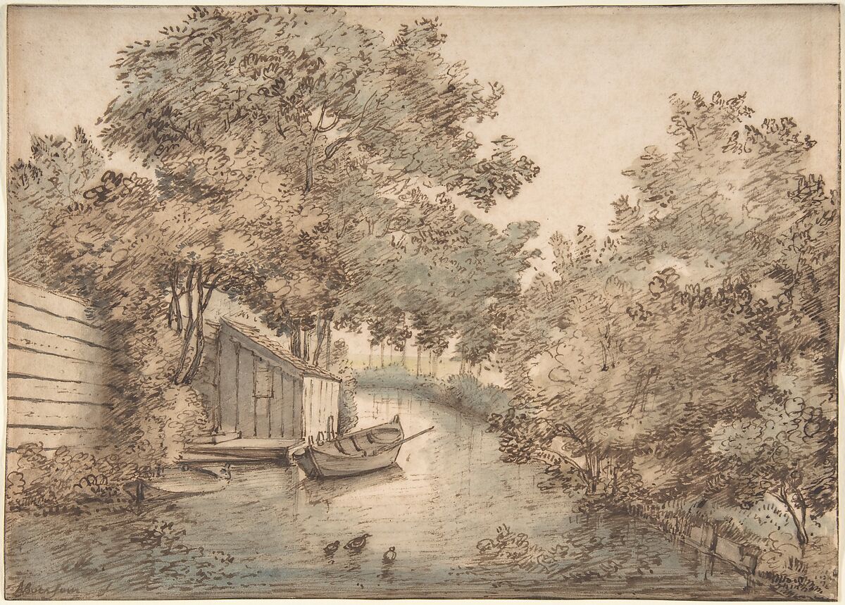 Canal with a Boat and Ducks, Anthonie van Borssom (Dutch, Amsterdam 1630/31–1677 Amsterdam), Pen and brown ink, brush and brown and blue washes 