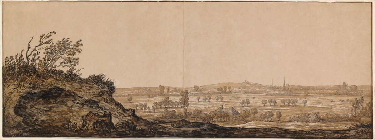 View of Calcar on the Lower Rhine near Cleves, Aelbert Cuyp (Dutch, Dordrecht 1620–1691 Dordrecht), Black chalk, brush and gray wash and graphite, watercolored in green and ochre yellow, partly brushed with gum arabic; framing lines in pen and black ink
