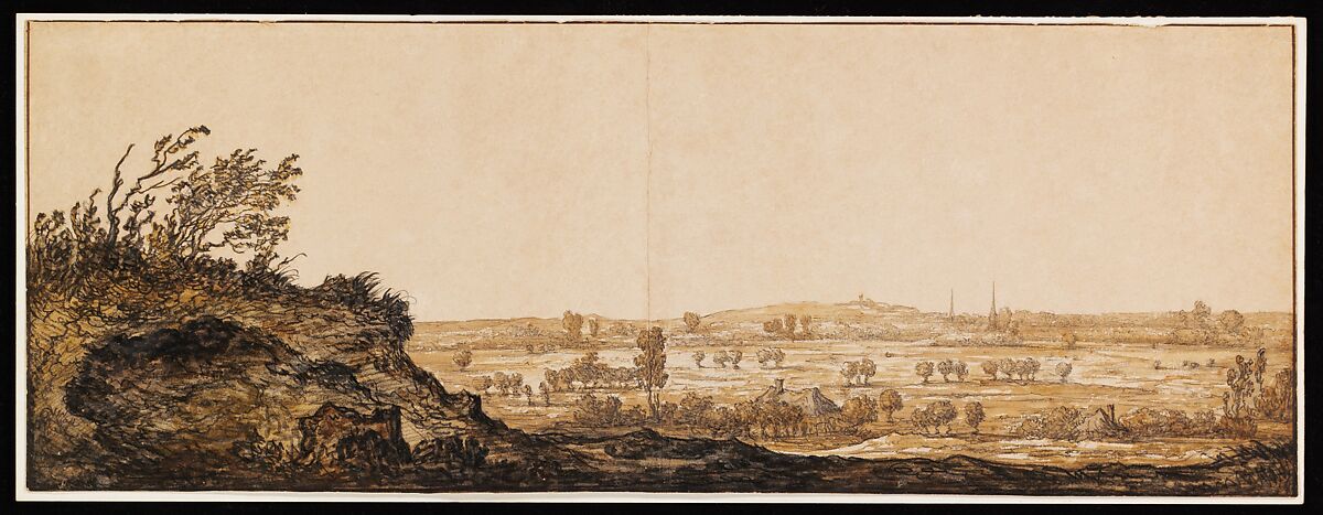 View of Calcar on the Lower Rhine near Cleves, Aelbert Cuyp (Dutch, Dordrecht 1620–1691 Dordrecht), Black chalk, brush and gray wash and graphite, watercolored in green and ochre yellow, partly brushed with gum arabic; framing lines in pen and black ink