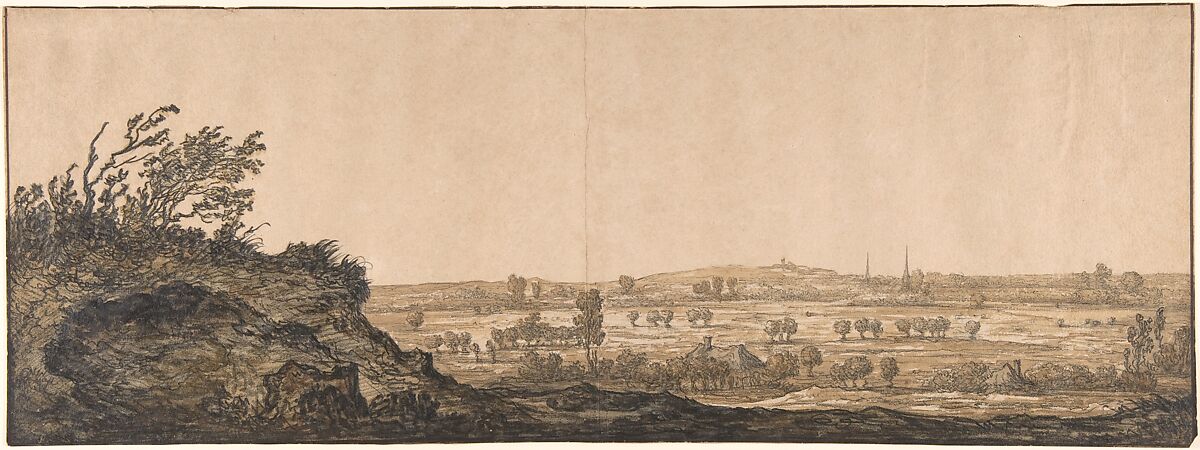 View of Calcar on the Lower Rhine near Cleves, Aelbert Cuyp (Dutch, Dordrecht 1620–1691 Dordrecht), Black chalk and gray wash and graphite, watercolored in green and ochre yellow, partly brushed with gum arabic; framing lines in black ink 