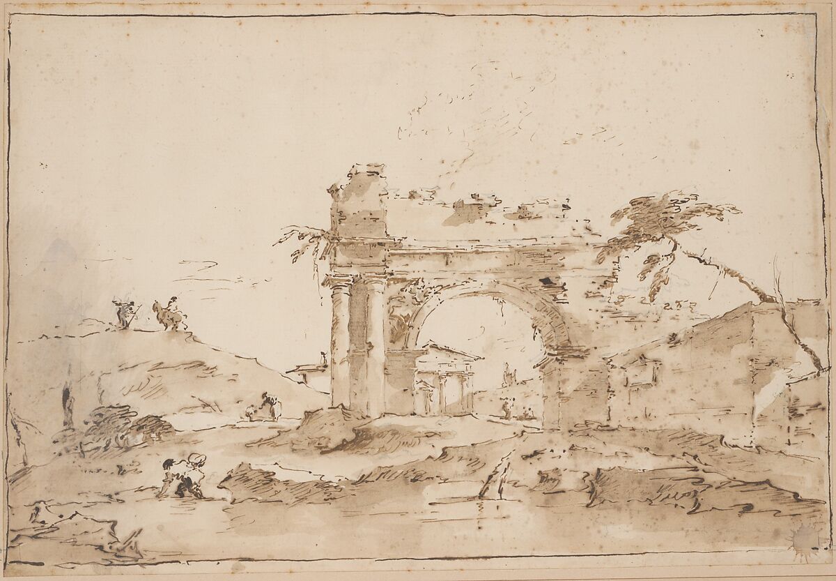 Capriccio with Roman Ruins, Francesco Guardi (Italian, Venice 1712–1793 Venice), Pen and brown ink, brush and brown wash, over graphite; framing outlines in pen and brown ink drawn by the artist; sheet glued onto secondary paper support 