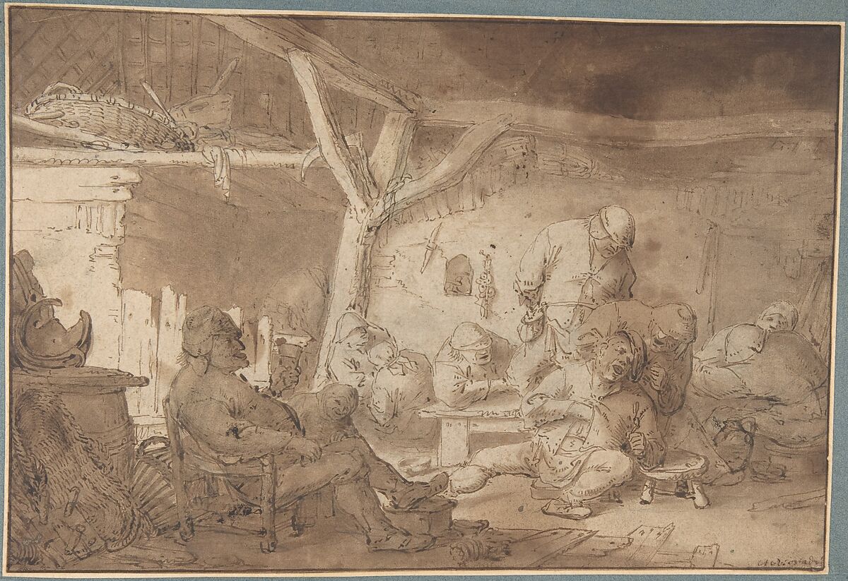 Interior with Peasants, Adriaen van Ostade (Dutch, Haarlem 1610–1685 Haarlem), Pen and brown ink, brush and brown wash, over black chalk 