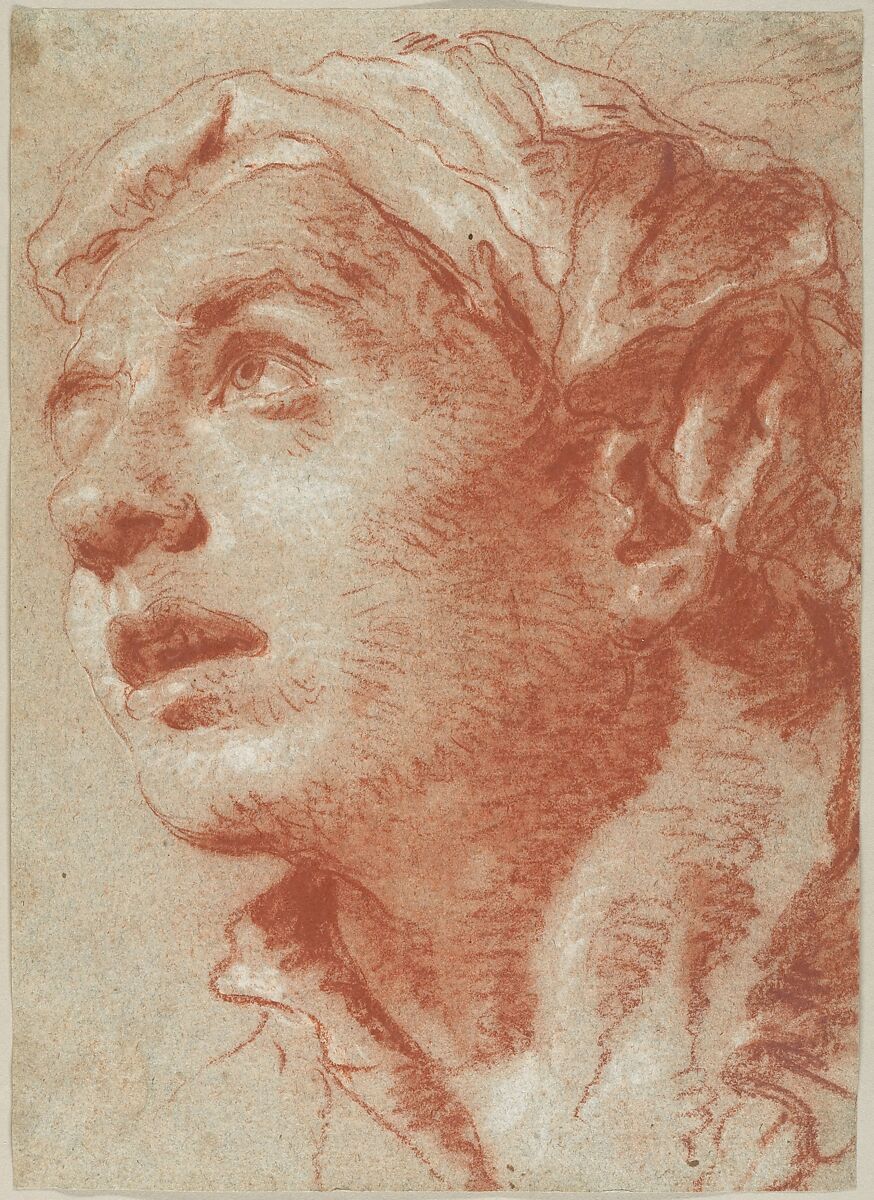 Head of a Young Man in Three-Quarter View, Giovanni Battista Tiepolo (Italian, Venice 1696–1770 Madrid), Red chalk, highlighted with white chalk, on blue-gray paper