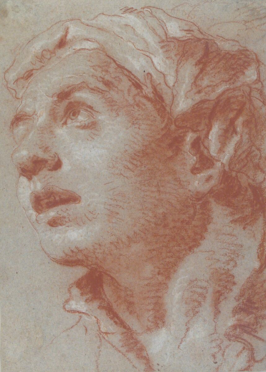 Head of a Young Man in Three-Quarter View, Giovanni Battista Tiepolo (Italian, Venice 1696–1770 Madrid), Red chalk, highlighted with white chalk, on blue-gray paper