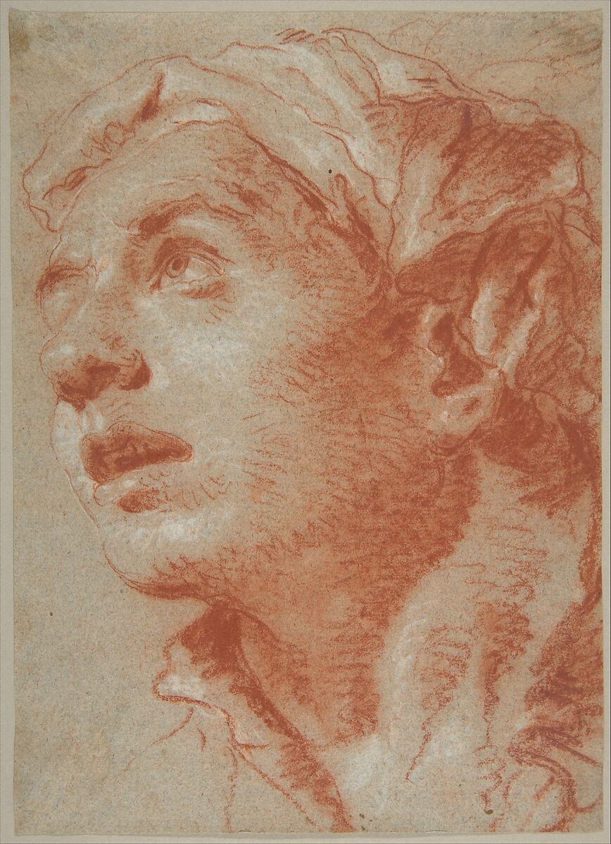 Head of a Young Man in Three-Quarter View, Giovanni Battista Tiepolo (Italian, Venice 1696–1770 Madrid), Red chalk, highlighted with white chalk, on blue-gray paper 