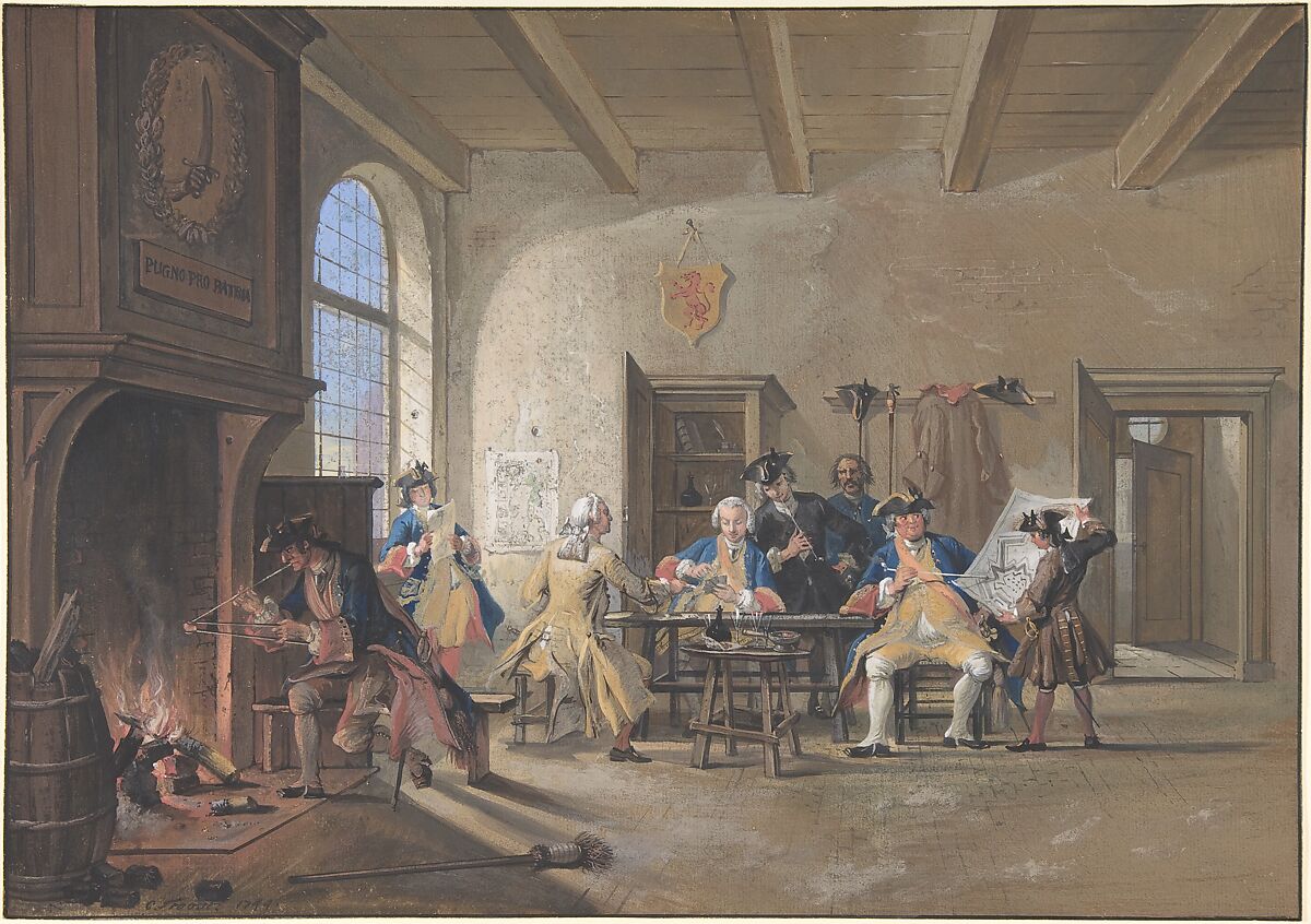 Guardroom Scene, Cornelis Troost (Dutch, Amsterdam 1696–1750 Amsterdam), Brush and gray and brown ink, colored gouaches 