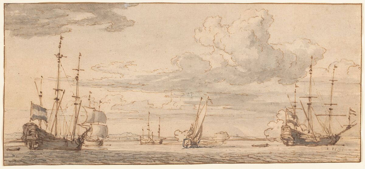 Dutch Ships in a Bay, Willem van de Velde II (Dutch, Leiden 1633–1707 London), Pen and brown ink, brush and gray wash, over black chalk