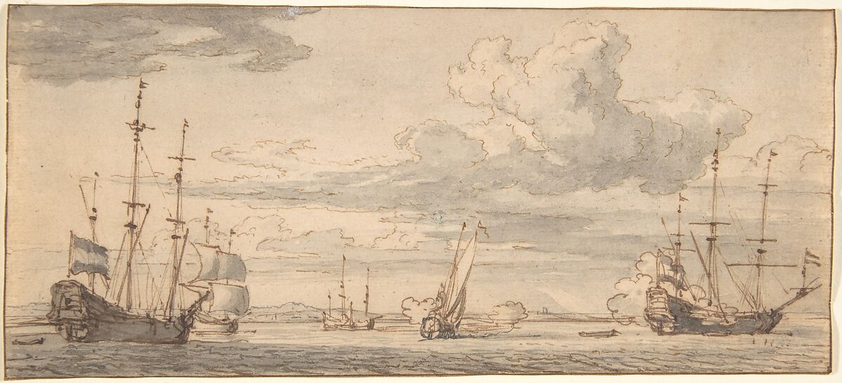 Dutch Ships in a Bay, Willem van de Velde II (Dutch, Leiden 1633–1707 London), Pen and brown ink, brush and gray wash, over black chalk 
