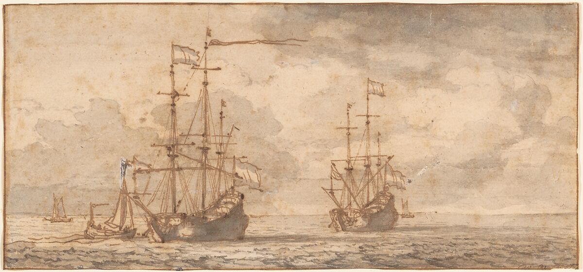 Dutch Ships at Anchor, Willem van de Velde II (Dutch, Leiden 1633–1707 London), Pen and brown ink, brush and gray wash, over black chalk