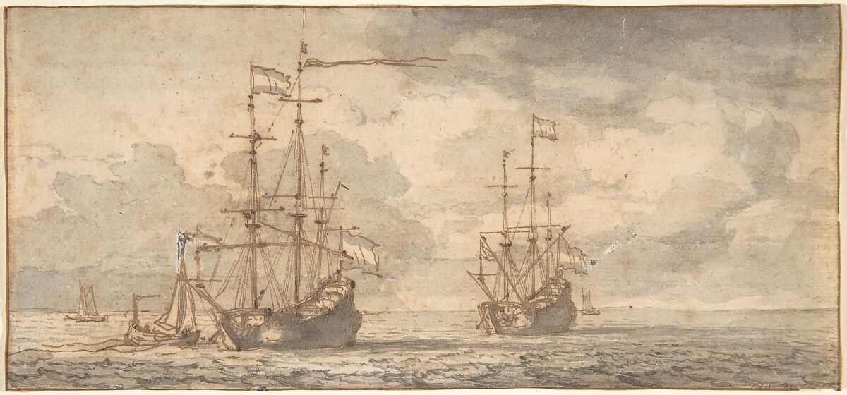 Dutch Ships at Anchor, Willem van de Velde II (Dutch, Leiden 1633–1707 London), Pen and brown ink, brush and gray wash, over black chalk 