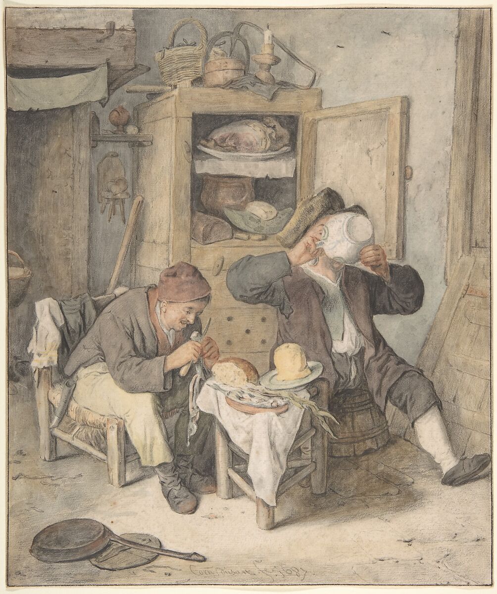 Kitchen Scene, Cornelis Dusart (Dutch, Haarlem 1660–1704 Haarlem), Black and red chalk, brown, gray, blue, yellow, red washes 
