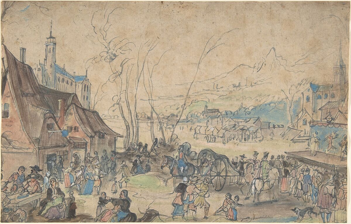 Village Fair, Master of the Hermitage Sketchbook (Netherlandish, 16th century), Brush and gray ink and watercolor 
