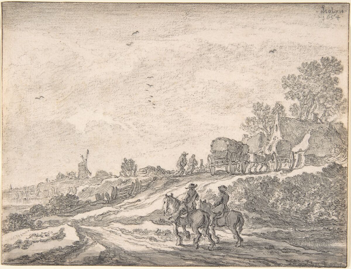 Landscape with Two Men on Horseback, Pieter de Molijn (Dutch, London 1595–1661 Haarlem), Black chalk and gray wash 