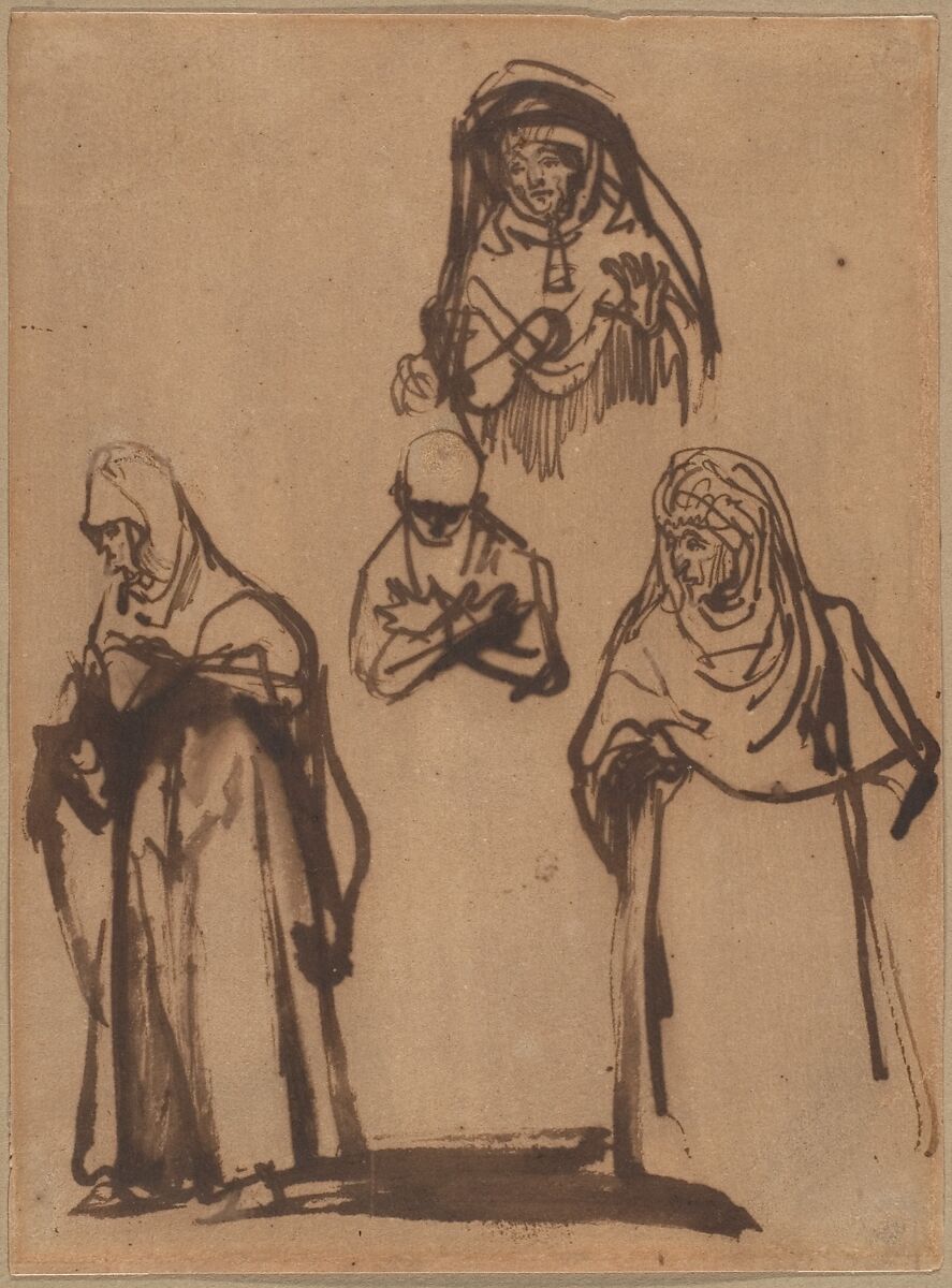 Study Sheet with Three Women and a Boy, Rembrandt (Rembrandt van Rijn) (Dutch, Leiden 1606–1669 Amsterdam), Pen and brown ink