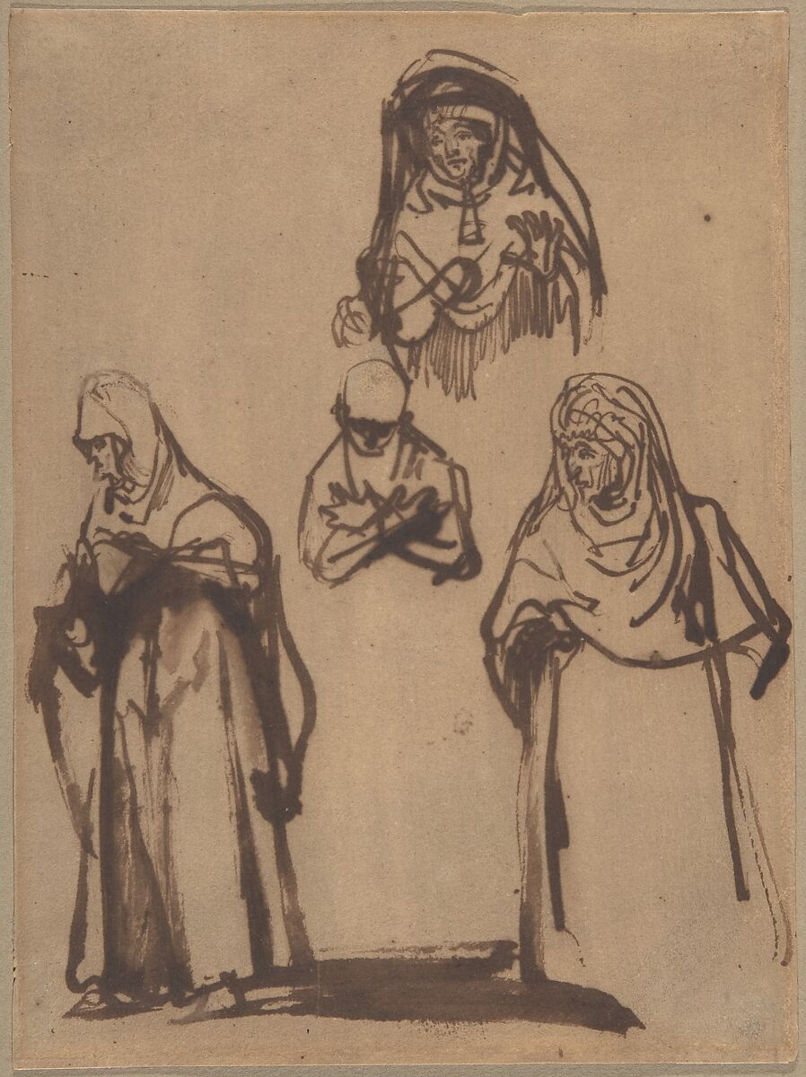 Study Sheet with Three Women and a Boy, Rembrandt (Rembrandt van Rijn) (Dutch, Leiden 1606–1669 Amsterdam), Pen and brown ink 